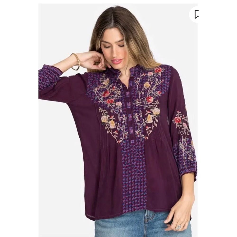 Johnny Was Floral Event Blouse Womens XS Purple EUC Embroidered Boho Peasant Top